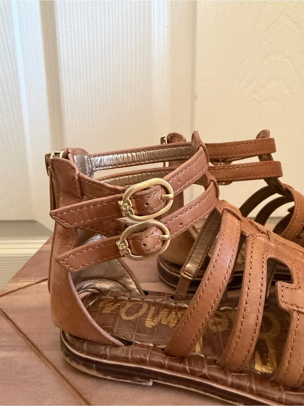 Sam Edelman Girls Tan Multi-Strap Genuine Leather Sandals